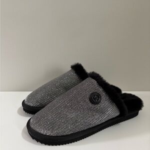Michael Kors Janis Glittery Scuff Fur Slippers in Silver/Black